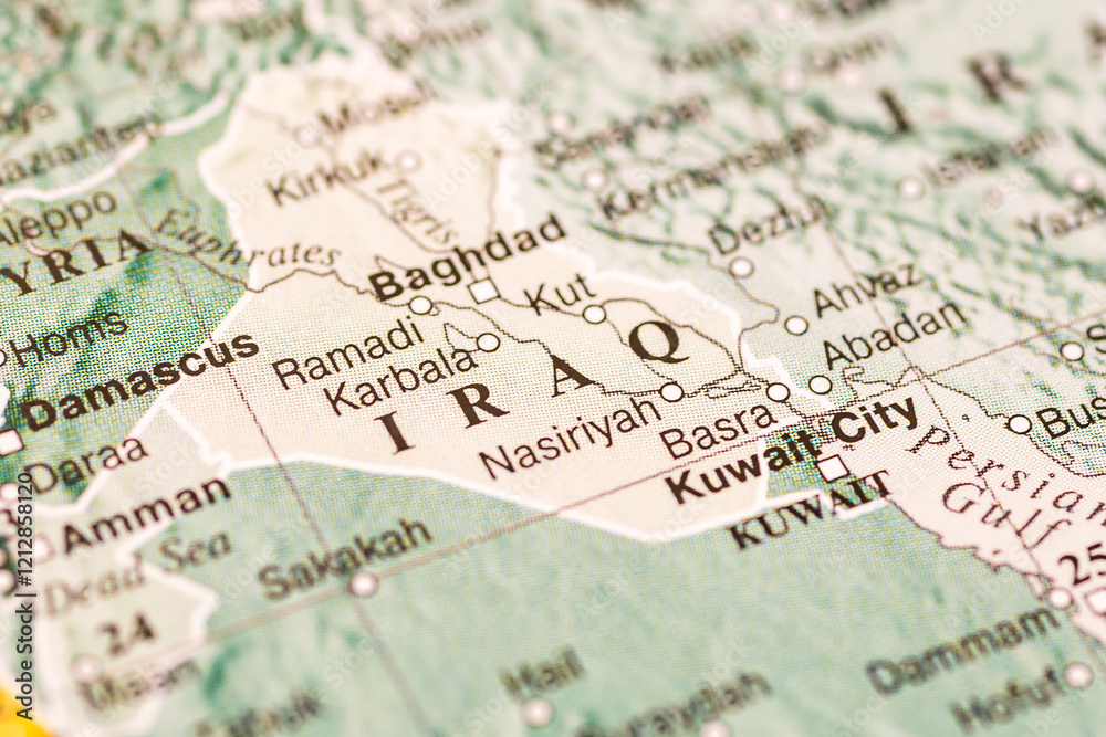 World map. Iraq, Kuwait on the geographical map, world tourism, destination. Political map close-up. Photo. World map. Iraq, Kuwait on the geographical map, world tourism, destination. Political map close-up. Photo.