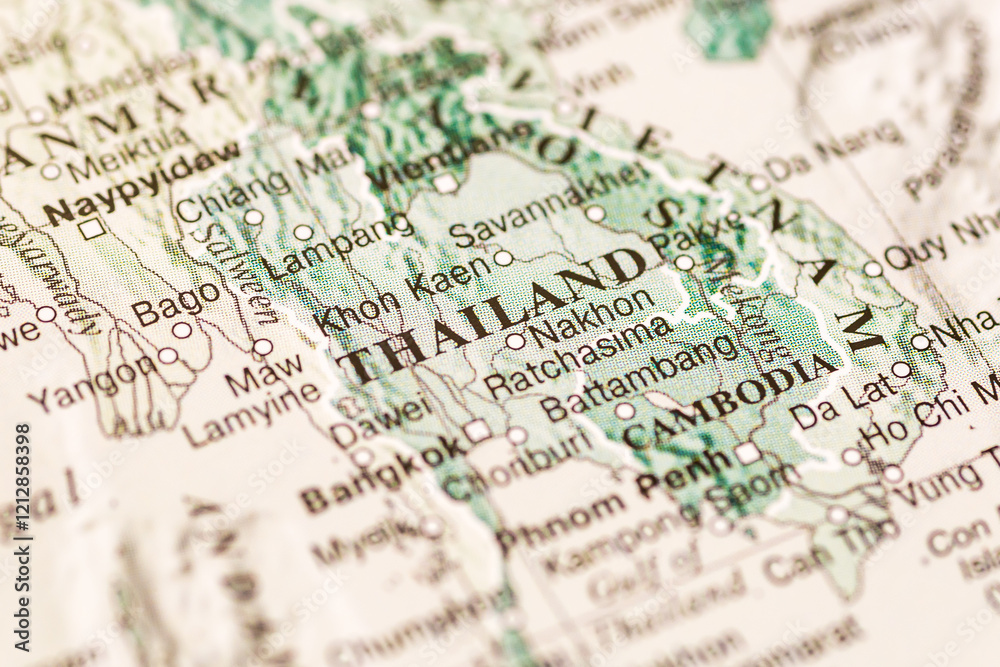 World map.Thailand on the geographical map, world tourism, destination. Political map close-up. Photo. World map.Thailand on the geographical map, world tourism, destination. Political map close-up. Photo.