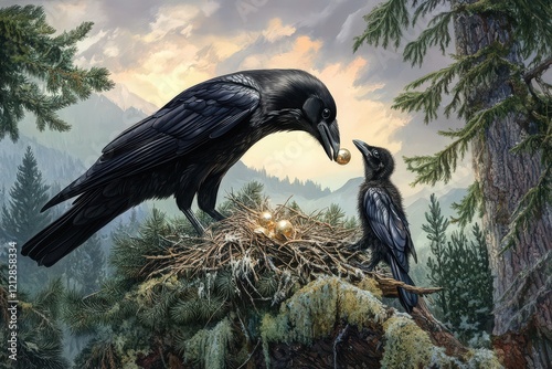 Adult Raven Feeding Golden Orb to Youngling in Nest