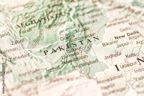 World map. Pakistan on geographical map, world tourism, destination. Political map close-up. Photo.