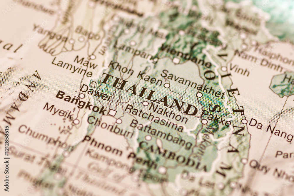 World map.Thailand on the geographical map, world tourism, destination. Political map close-up. Photo. World map.Thailand on the geographical map, world tourism, destination. Political map close-up. Photo.