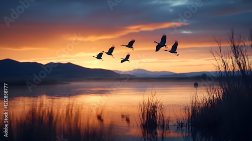 Birds flying over lake at sunset; misty mountains in background; peaceful nature scene; ideal for calming backgrounds