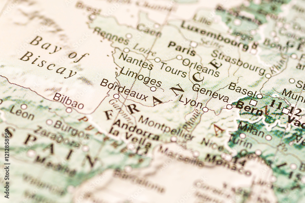 World map. France on the geographical map, world tourism, destination. Political map close-up photo. World map. France on the geographical map, world tourism, destination. Political map close-up photo.