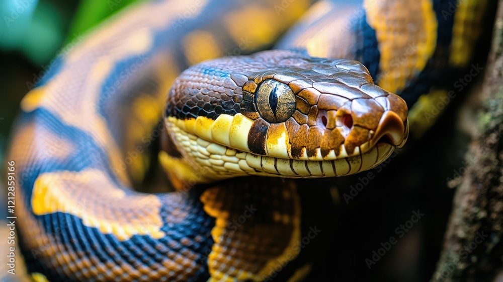 A detailed close-up shot of a python snake coiled with vibrant colors and patterns