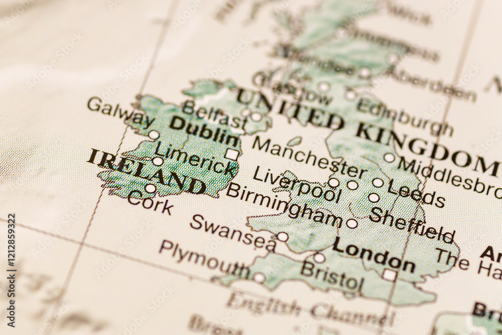 World map.Ireland on the geographical map, world tourism, destination. Political map close-up photo. World map.Ireland on the geographical map, world tourism, destination. Political map close-up photo.