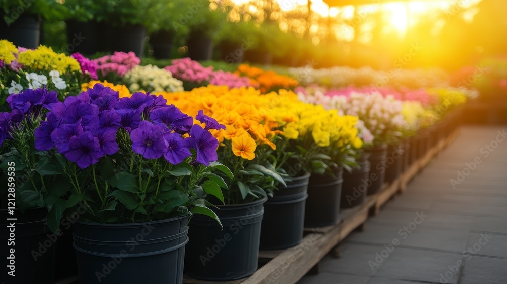 A vibrant flower nursery with colorful blooms in pots, capturing a serene sunset atmosphere.