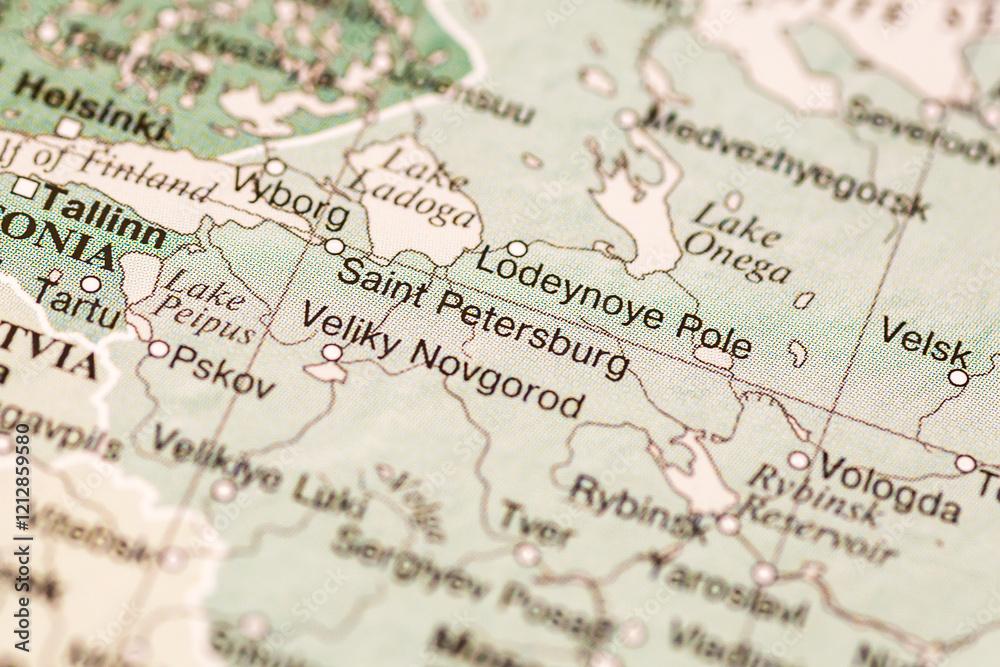 World map. Russia, Saint Petersburg on the geographical map, world tourism, destination. Political map close-up photo. World map. Russia, Saint Petersburg on the geographical map, world tourism, destination. Political map close-up photo.