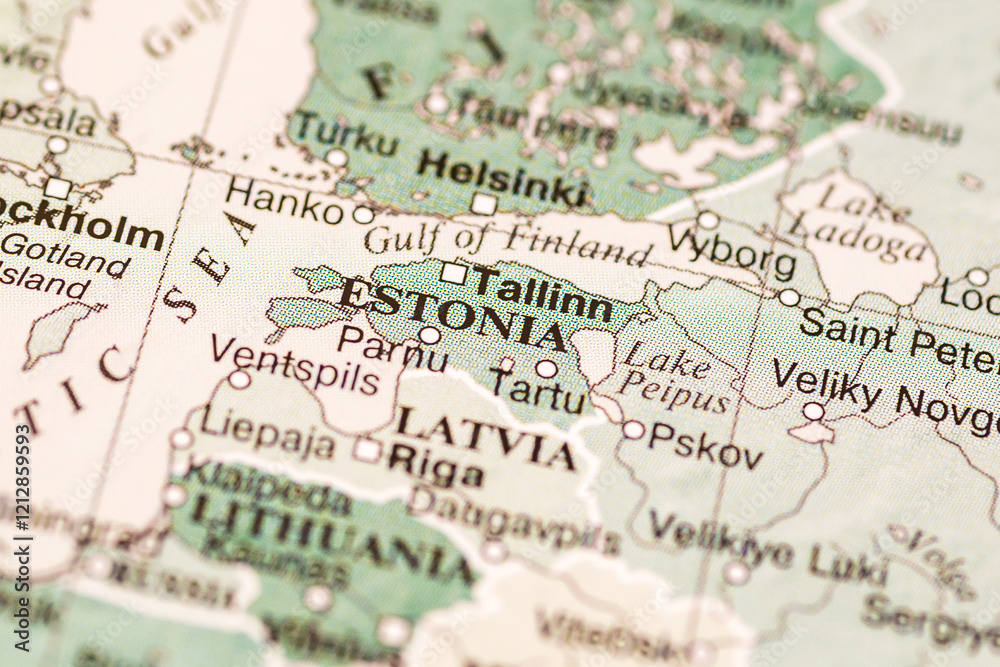 World map. Estonia, Tallinn on the geographical map, world tourism, destination. Political map close-up photo. World map. Estonia, Tallinn on the geographical map, world tourism, destination. Political map close-up photo.