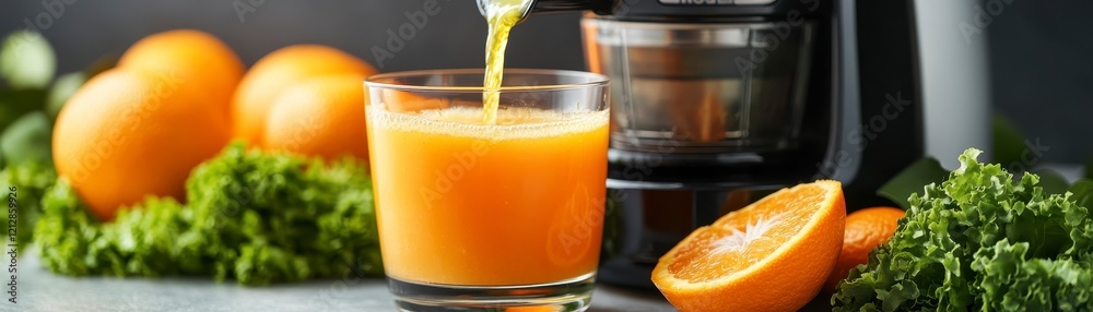 A vibrant glass of freshly squeezed orange juice sits beside whole oranges and leafy greens, highlighting freshness and healthy living.