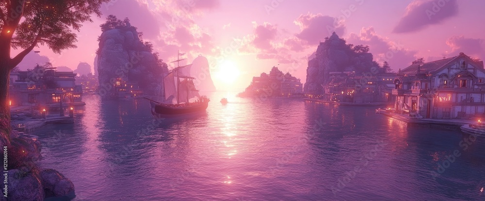 Sunset Sailboat Journey: Serene Harbor Town at Dusk, Magical Pink Sky, Tranquil Waters Reflecting City Lights, Picturesque Fantasy Village, Breathtaking Vista. Sunset Sailboat Journey: Serene Harbor Town at Dusk, Magical Pink Sky, Tranquil Waters Reflecting City Lights, Picturesque Fantasy Village, Breathtaking Vista.