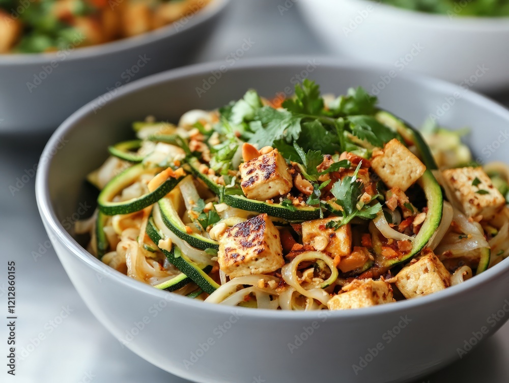A healthier version of pad Thai with zucchini noodles, tofu, and tamarind sauce, served in a sleek modern setting A healthier version of pad Thai with zucchini noodles, tofu, and tamarind sauce, served in a sleek modern setting