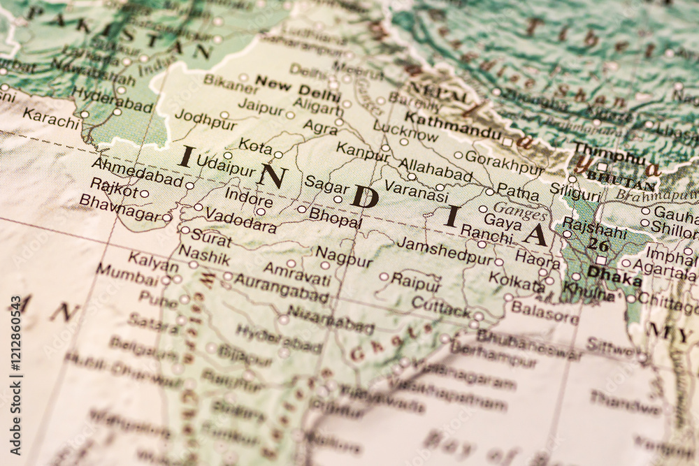 World map. India on geographical map, world tourism, destination. Political map close-up photo. World map. India on geographical map, world tourism, destination. Political map close-up photo.