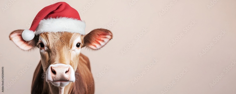 Obraz premium Festive cow wearing santa hat holiday setting animal portrait studio environment close-up view cheerful concept