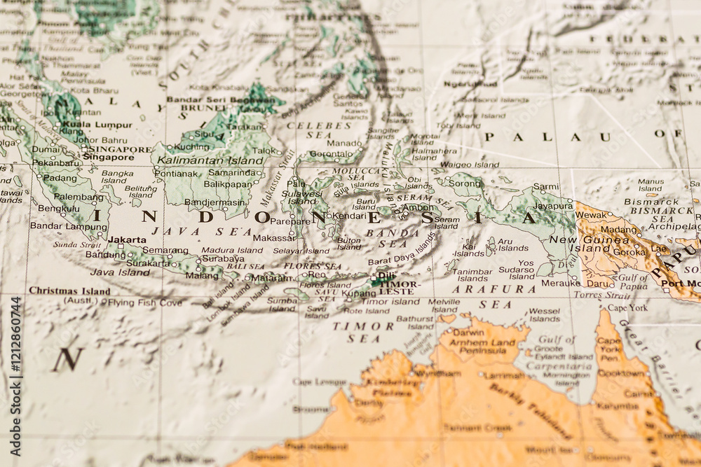 World map. Indonesia on the geographical map, world tourism, destination. Political map close-up photo. World map. Indonesia on the geographical map, world tourism, destination. Political map close-up photo.