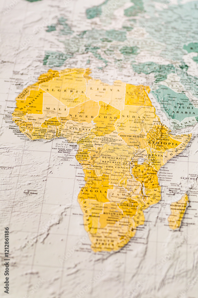 Naklejka premium World map. African countries on the geographical map, world tourism, destination. Political map close-up photo.