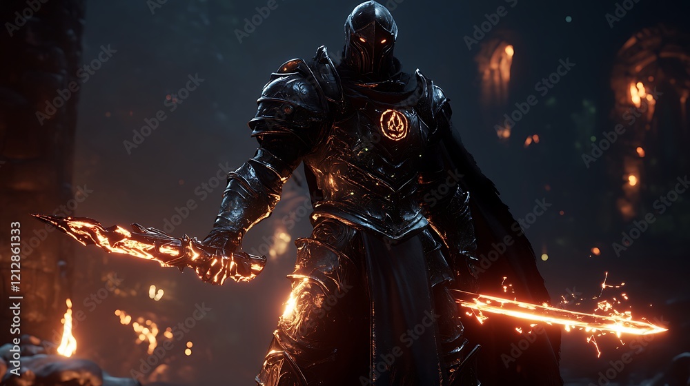 A powerful knight in shadow-infused armor holding a glowing sword in a grim shadowy void A powerful knight in shadow-infused armor holding a glowing sword in a grim shadowy void