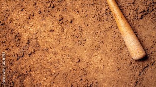 A close-up view of a wooden baseball bat resting on a textured dirt surface, capturing the essence of outdoor sports and play.