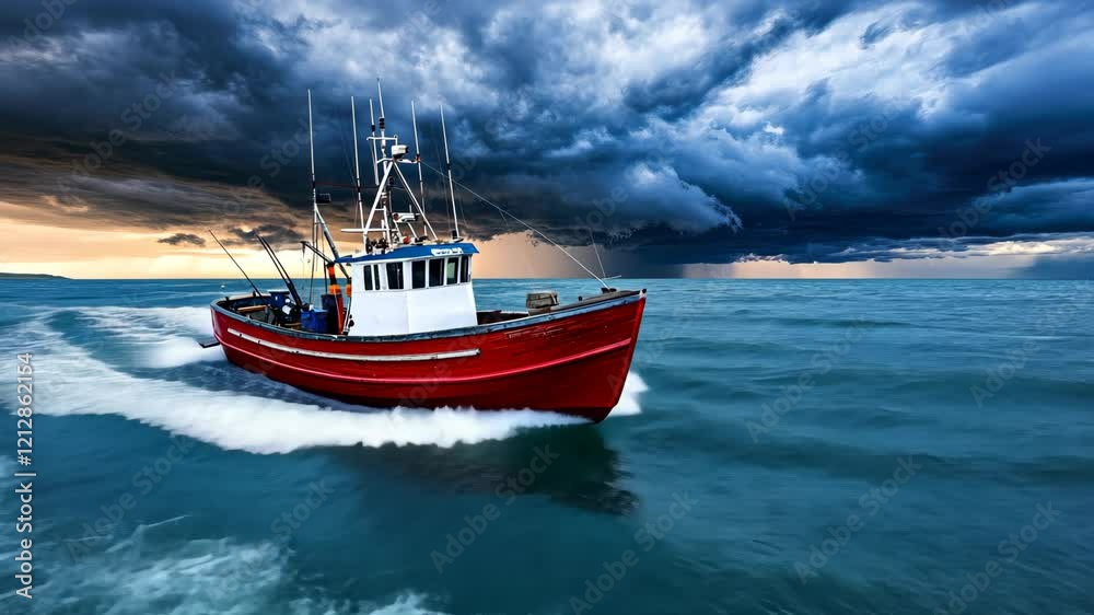 A vibrant red fishing boat skillfully moves through choppy waters as dark clouds gather, creating a striking sunset backdrop A vibrant red fishing boat skillfully moves through choppy waters as dark clouds gather, creating a striking sunset backdrop