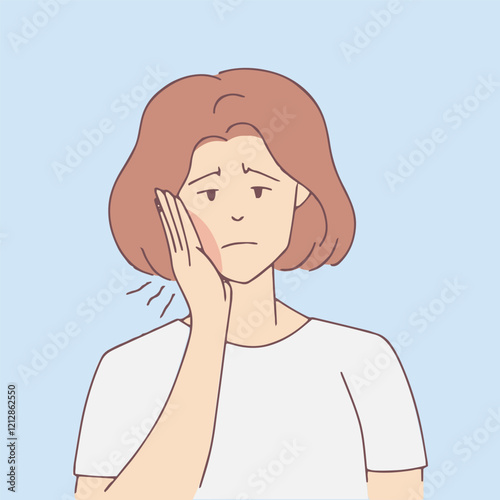 An expressive illustration of a woman suffering from a toothache, with visible swelling on her cheek. Ideal for dental health awareness and campaigns