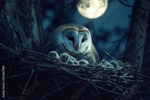 Barn Owl Protecting Owlets Under Moonlight