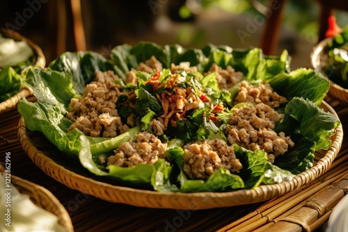 A plate of healthy Thai lettuce wraps with minced chicken, water chestnuts, and fresh herbs, served on a natural bamboo tray photo