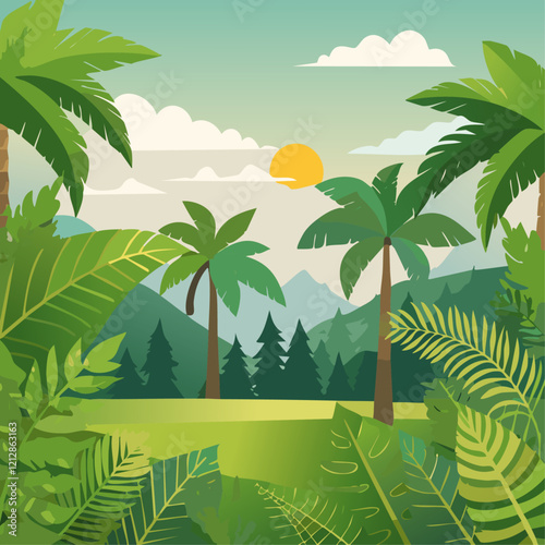 Tropical forest with palm and sun