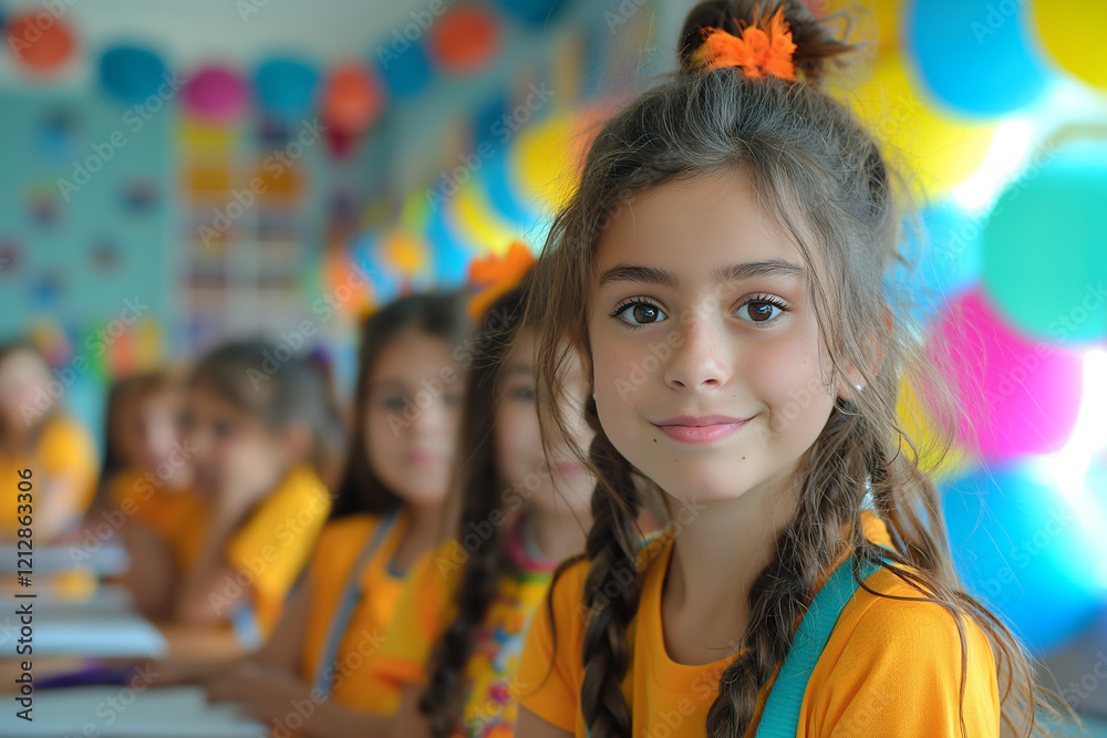 Fototapeta premium A group of young girls are sitting in a classroom