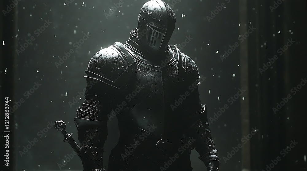 Fototapeta premium A powerful knight clad in dark iron armor standing in a void of despair wielding a striking blade