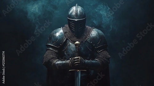 A powerful knight clad in dark iron armor standing in a void of despair wielding a striking blade