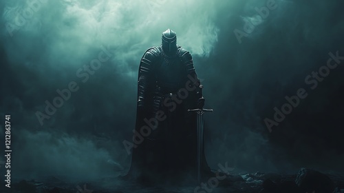 A powerful knight clad in dark iron armor standing in a void of despair wielding a striking blade