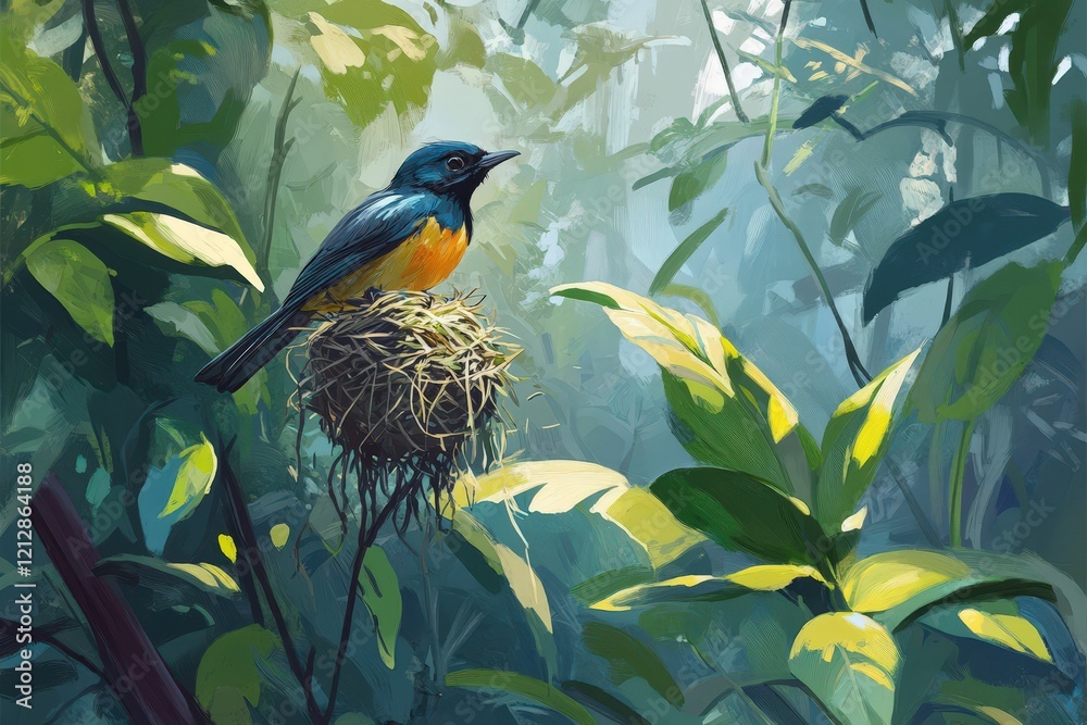 Vibrant Blue And Orange Bird Perched On Nest