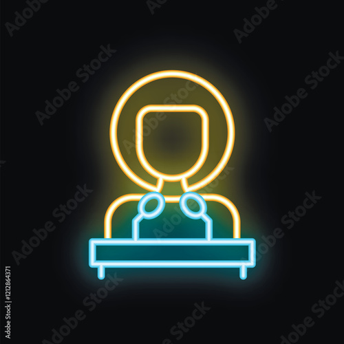 Neon sign depicting a politician speaking from a tribune, symbolizing political discourse and public speaking