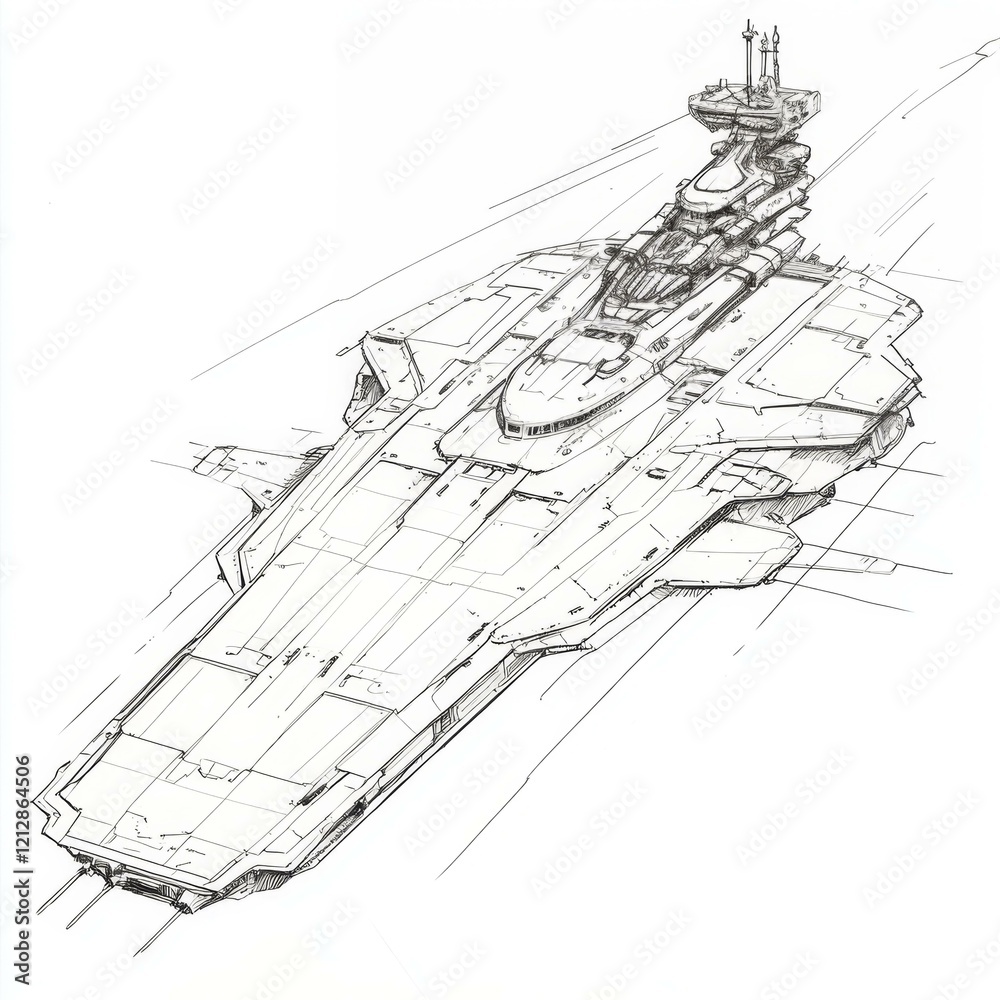 Battleship Sketch High Angle View Detailed Drawing of Spacecraft and Futuristic Architecture Battleship Sketch High Angle View Detailed Drawing of Spacecraft and Futuristic Architecture