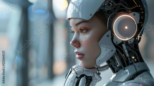 A female robot with a white helmet and metallic body, looking out a window. photo