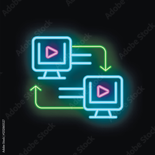 Neon icon of two computers exchanging video files with up and down arrows