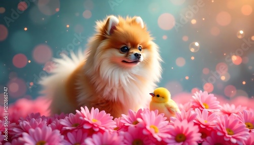 pomeranian puppy with flower