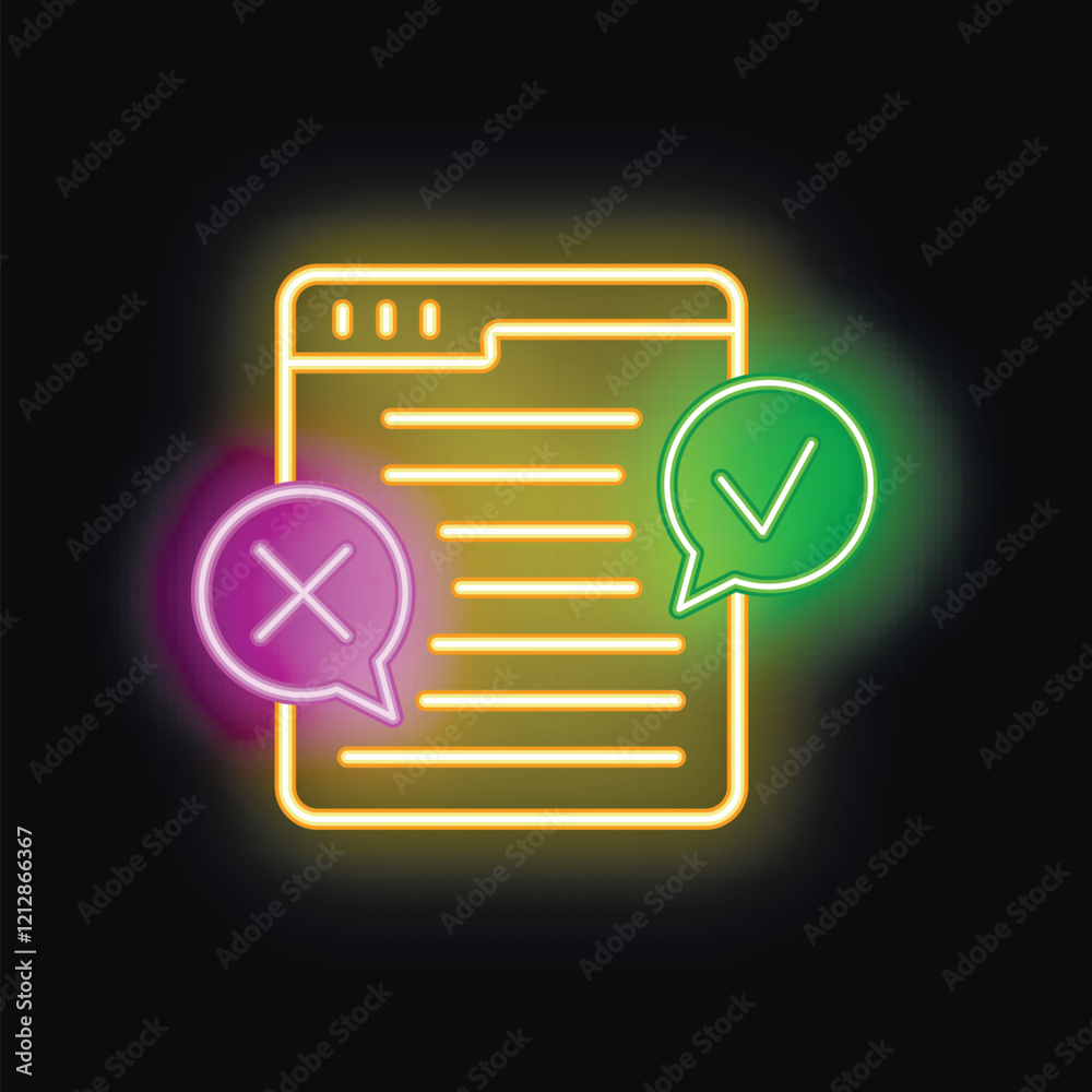Neon icon of a text document being edited, showing the concepts of correct and incorrect Neon icon of a text document being edited, showing the concepts of correct and incorrect