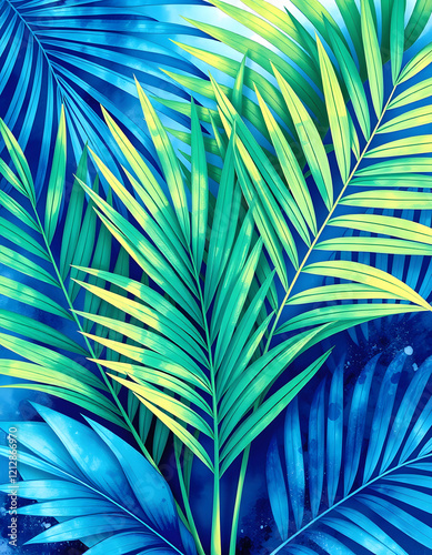 Palm leaves floral watercolour vivid abstract background in a modern style. Botanical design, vivid blue and emerald green colours, pop art, with white tones