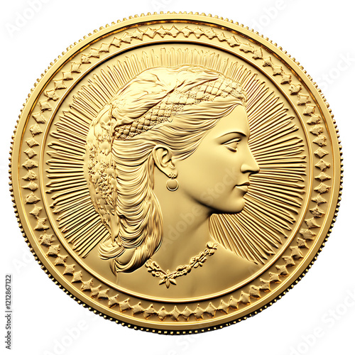 A gold coin with a ladys head profile stars around isolated on white background.PNG