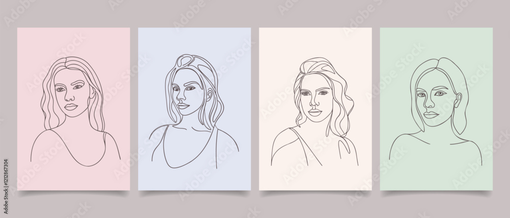 Set of posters with abstract modern portraits of beautiful young women. Line art. Hand drawn illustration. Set of posters with abstract modern portraits of beautiful young women. Line art. Hand drawn illustration.