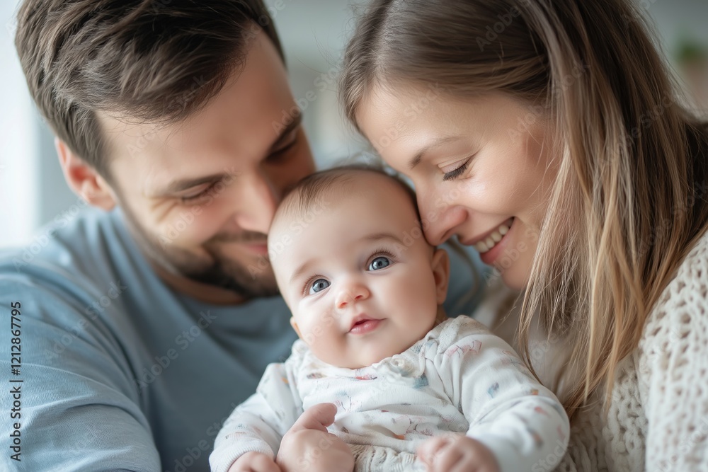 A joyful moment shared among a smiling couple with their baby in a cozy setting. A joyful moment shared among a smiling couple with their baby in a cozy setting.