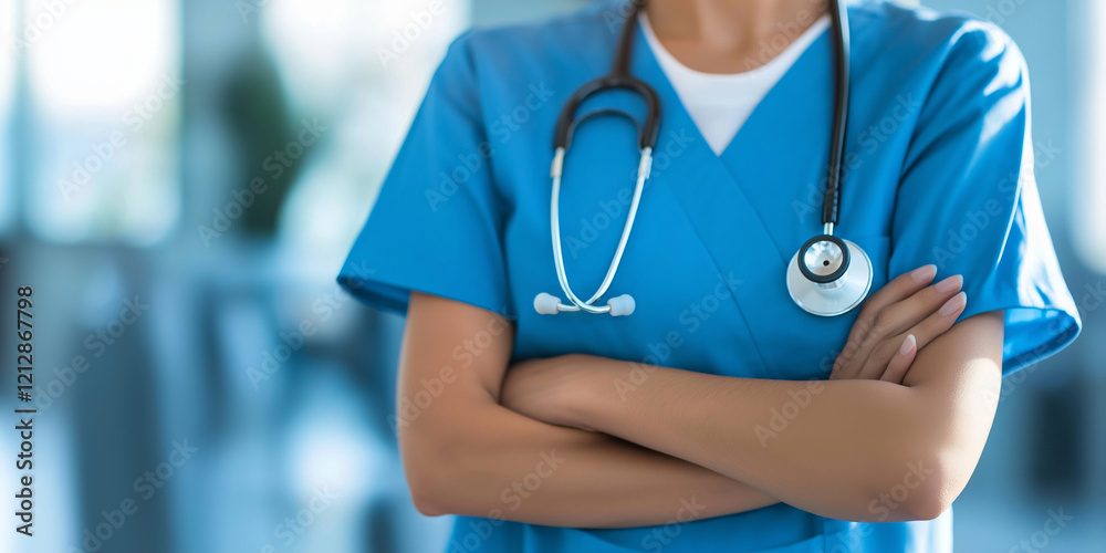 A health professional in scrubs standing confidently with a stethoscope, ready to help. A health professional in scrubs standing confidently with a stethoscope, ready to help.