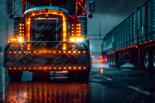 Generative AI image of a shiny decorated long-haul truck with vibrant lights on a wet road at night photo