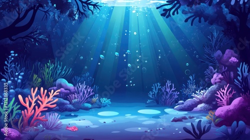 Fototapeta Naklejka Na Ścianę i Meble -  Sunlit ocean floor, coral reef, underwater scene, game background