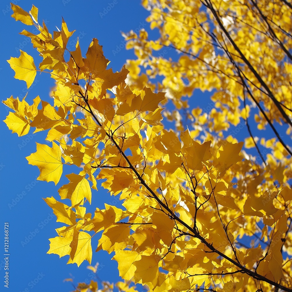 Bright yellow maple leaves stand out against a clear sky. Bright yellow maple leaves stand out against a clear sky.