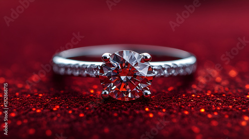 A single diamond ring shining on a flat velvet-red background