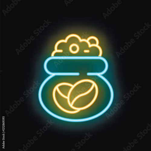 Neon sign illustrating coffee beans inside a bag, with steam escaping from the top, on a dark background