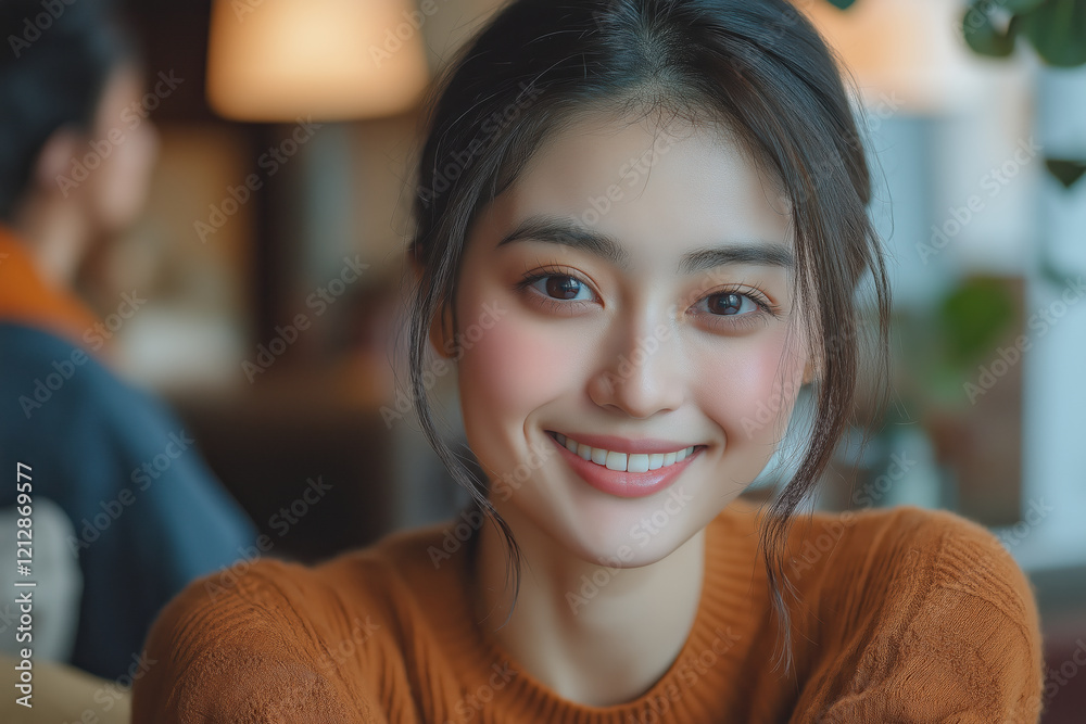 Smiling Young Asian Female in Cozy Sweater at Home Smiling Young Asian Female in Cozy Sweater at Home