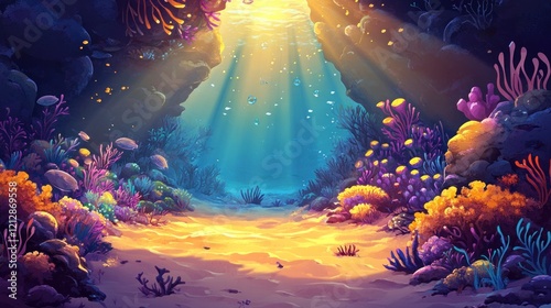 Fototapeta Naklejka Na Ścianę i Meble -  Sunlit ocean cave, vibrant coral reef, sandy floor, game background