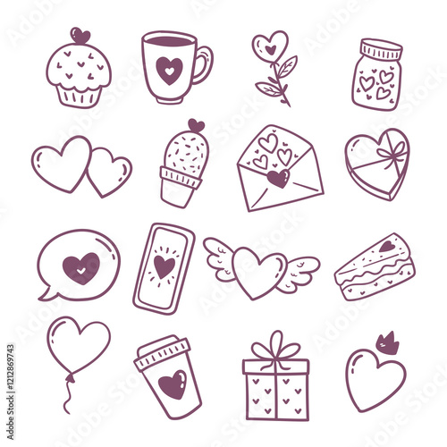 Hand-Drawn Valentine’s Day Doodle Icons with Hearts, Gifts, and Romantic Elements